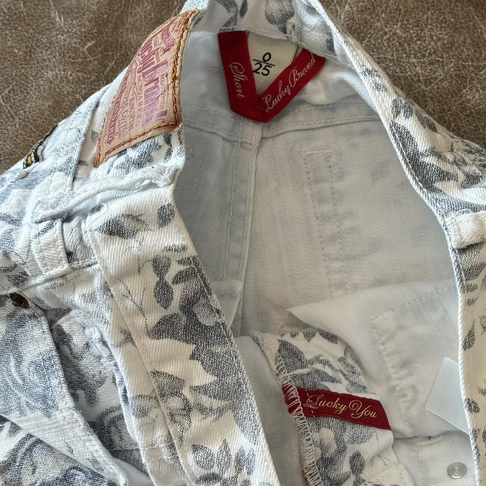 Floral Denim Cutoff Shorts Lucky Brand Garden Abbey Mid Rise White Blue 25